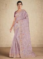 Satin Silk Mauve Party Wear Embroidery Work Saree